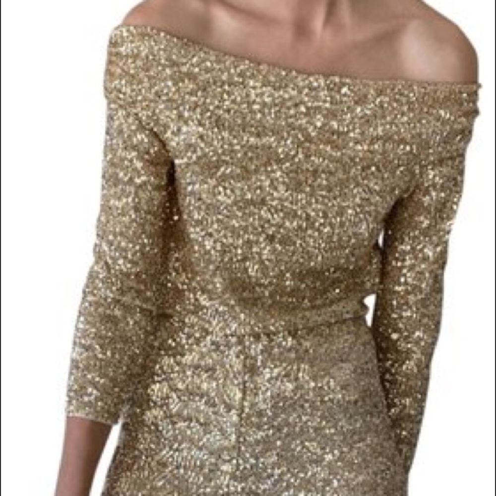 Zara Gold Sequin Off the Shoulder Long Sleeve Top